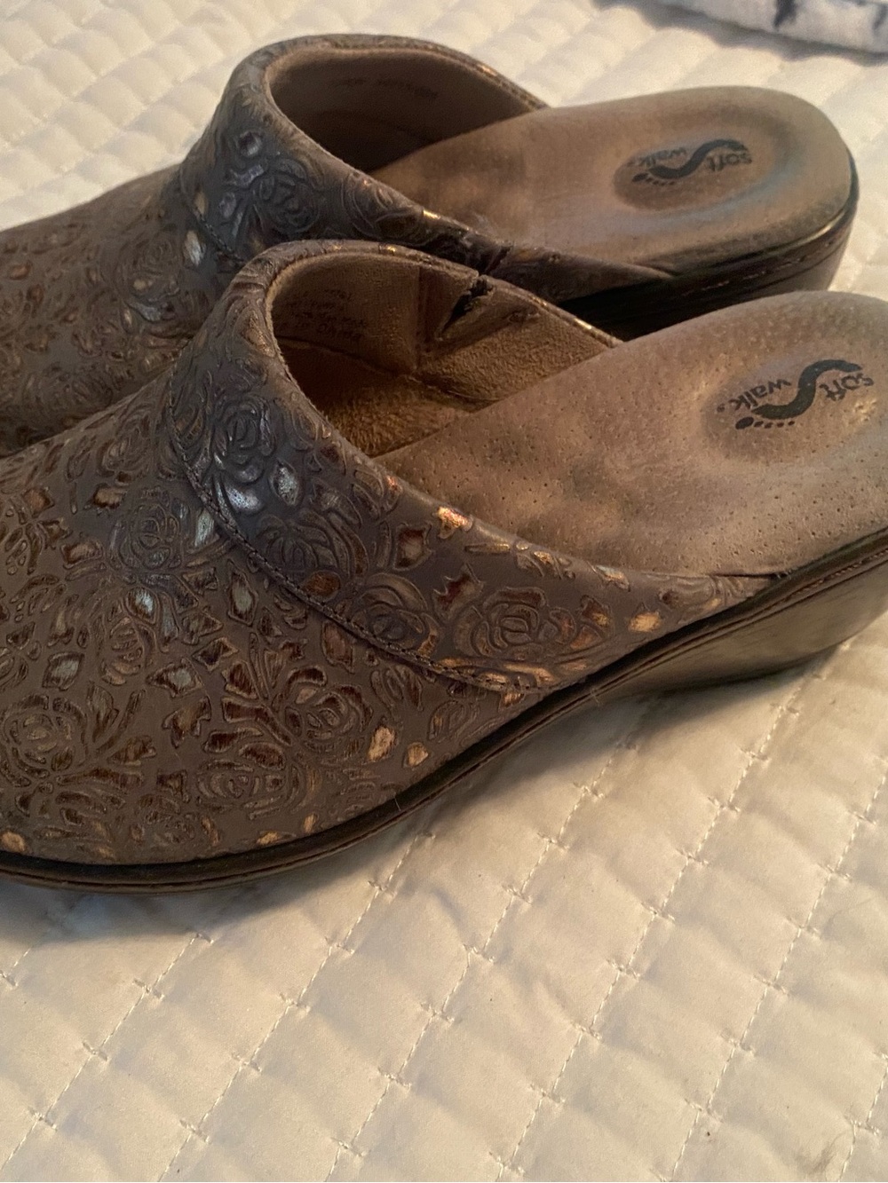 Sofft Brown Embossed Leather Clogs with Floral Detail